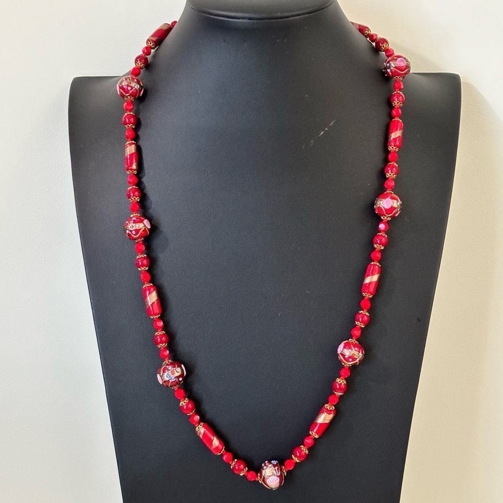 Vintage Murano Italy RED WEDDING CAKE Venetian Art Glass Bead Necklace